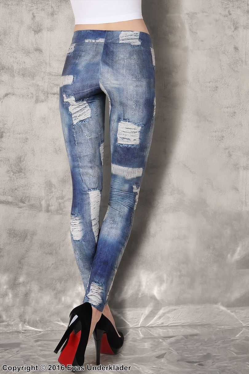 Jeans-leggings med slitet mönster